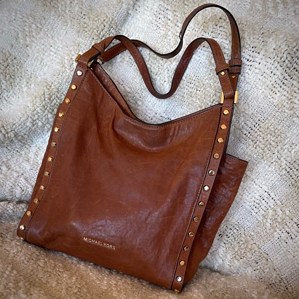 Michael Kors Leather Satchel, Cognac Brown, Gold Metallic Trim.